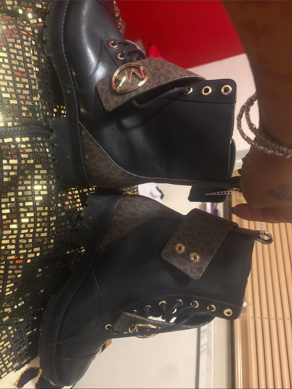 Michael Kors Black and Brown Lace-Up Combat Boots with Gold Hardware